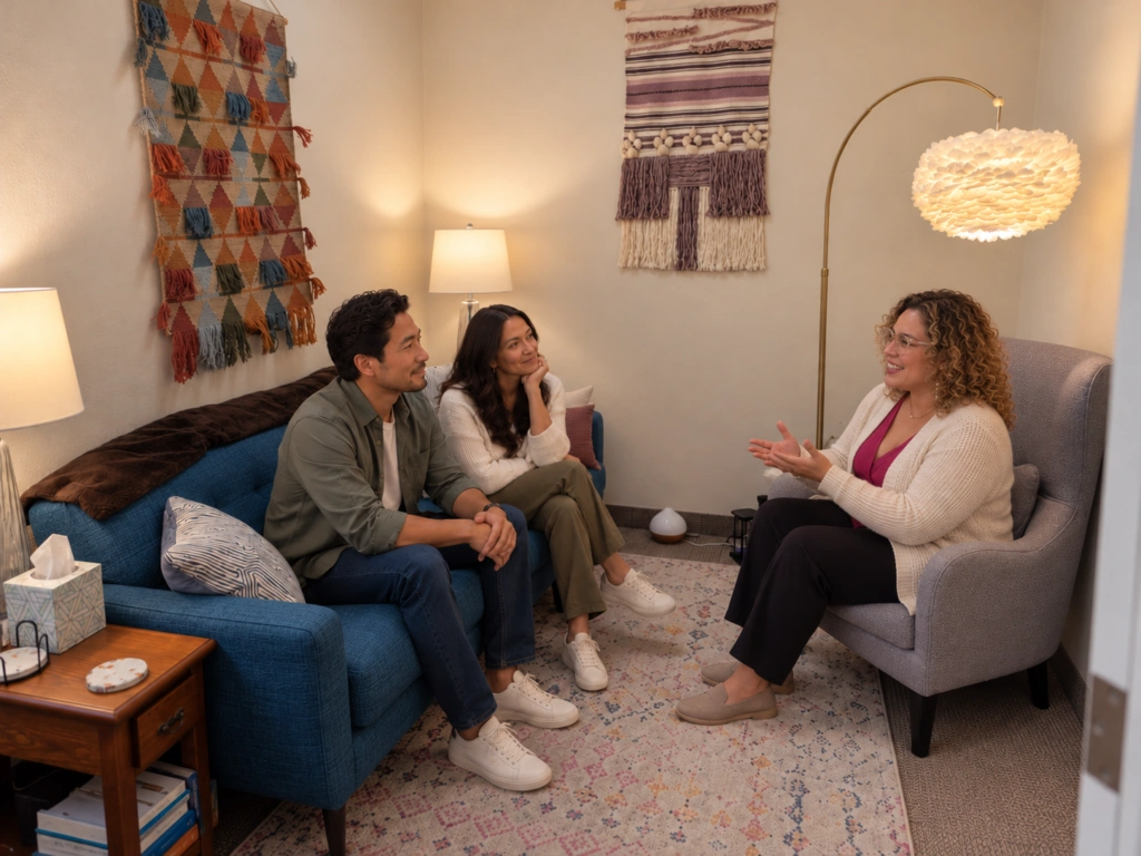 Illustrative couples therapy conversation in a counseling room