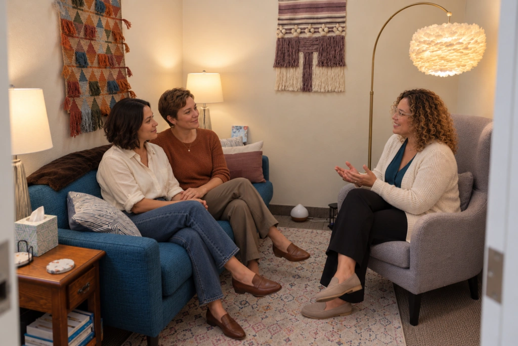 Illustrative couples therapy conversation with two women in the Redlands office