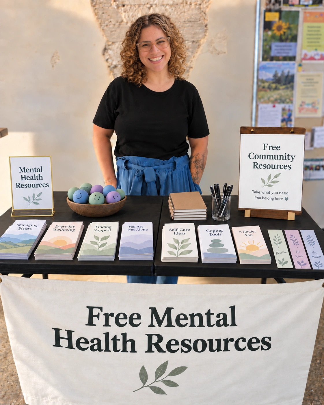 Dakota Westlake at a community table with mental-health brochures and free resources in a local café.