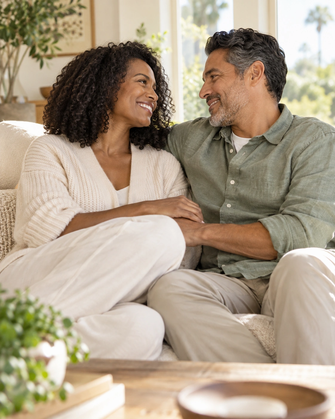 An adult couple sharing a relaxed moment together at home
