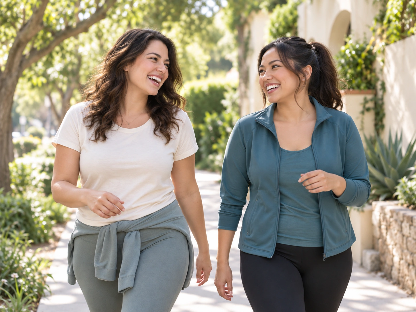 Two friends laughing on a sunny walk