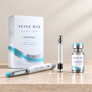 SEINE BIO AOD9604 product packaging concept showing disposable injection pen, cartridge and vial; sold individually.