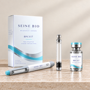 SEINE BIO BPC157 product packaging concept showing disposable injection pen, cartridge and vial; sold individually.