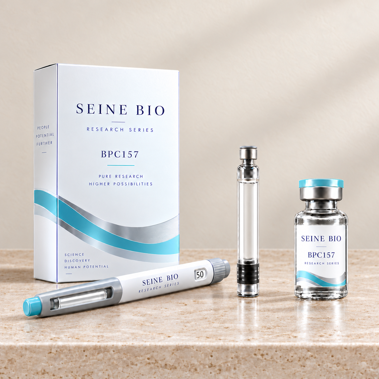 SEINE BIO BPC157 product packaging concept showing disposable injection pen, cartridge and vial; sold individually.