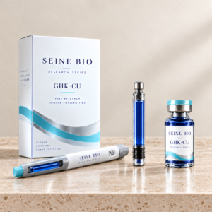 SEINE BIO GHK-CU packaging concept with deep cobalt-blue liquid in the vial, cartridge and pen window; sold individually.