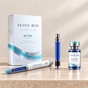 SEINE BIO KLOW packaging concept with deep cobalt-blue liquid in the vial, cartridge and pen window; sold individually.