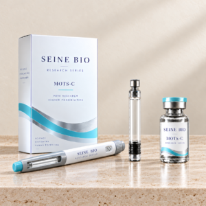 SEINE BIO MOTS-C product packaging concept showing disposable injection pen, cartridge and vial; sold individually.