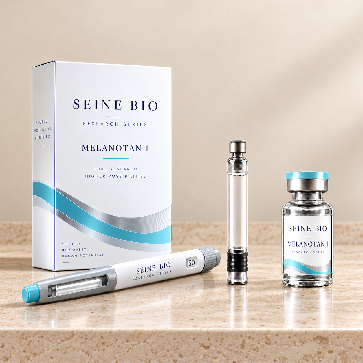 SEINE BIO Melanotan 1 product packaging concept showing disposable injection pen, cartridge and vial; sold individually.