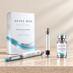 SEINE BIO Tirzepatide product packaging concept showing disposable injection pen, cartridge and vial; sold individually.