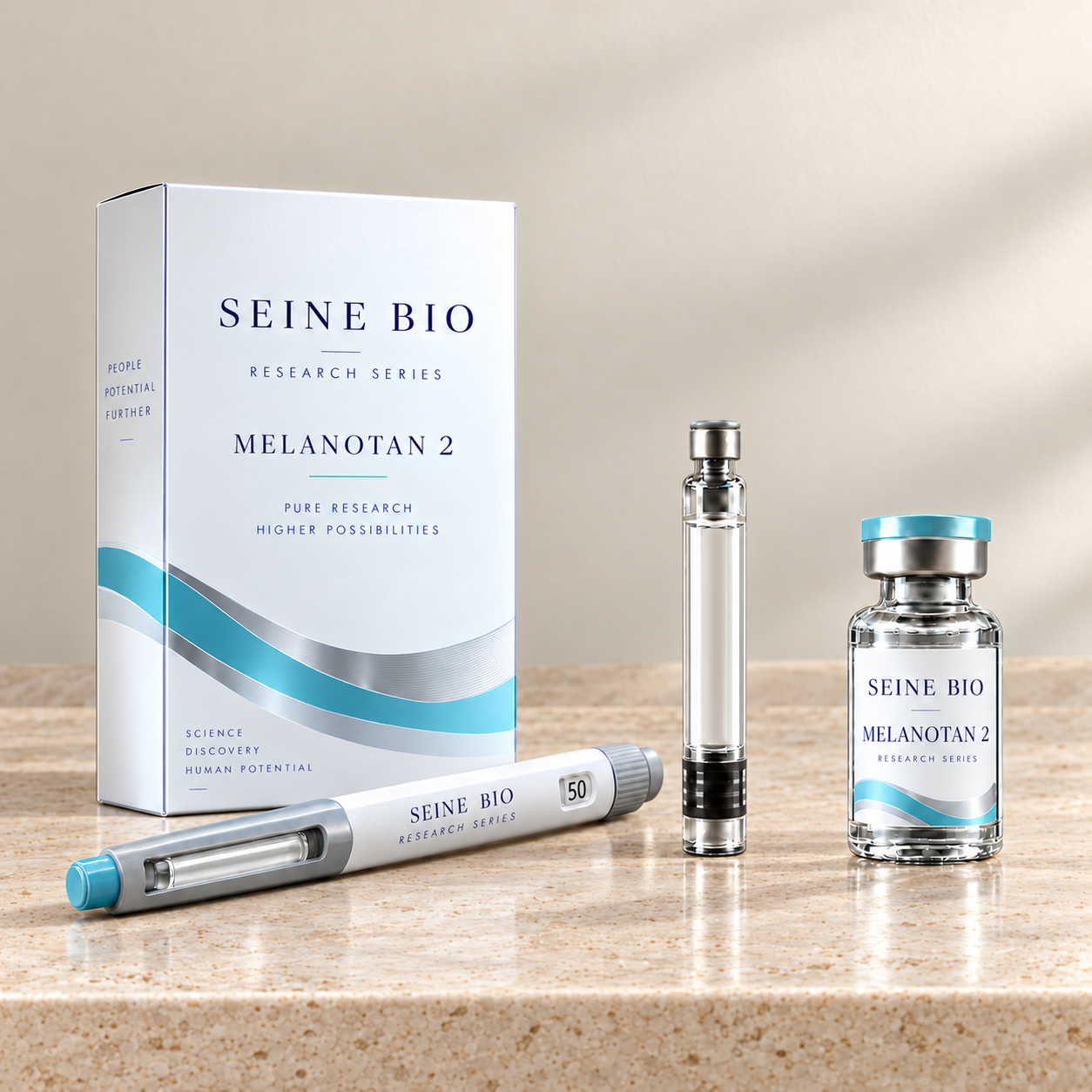 SEINE BIO Melanotan 2 product packaging concept showing disposable injection pen, cartridge and vial; sold individually.