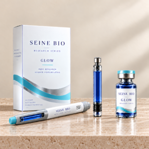 SEINE BIO GLOW packaging concept with deep cobalt-blue liquid in the vial, cartridge and pen window; sold individually.