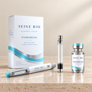 SEINE BIO Ipamorelin product packaging concept showing disposable injection pen, cartridge and vial; sold individually.