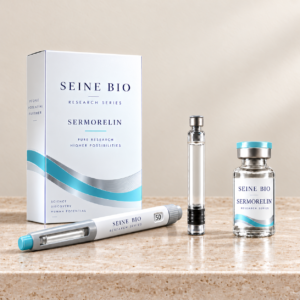 SEINE BIO Sermorelin product packaging concept showing disposable injection pen, cartridge and vial; sold individually.