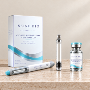 SEINE BIO CJC-1295 without DAC + Ipamorelin product packaging concept showing disposable injection pen, cartridge and vial; sold individually.