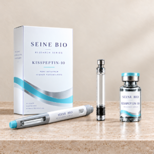 SEINE BIO KissPeptin-10 product packaging concept showing disposable injection pen, cartridge and vial; sold individually.