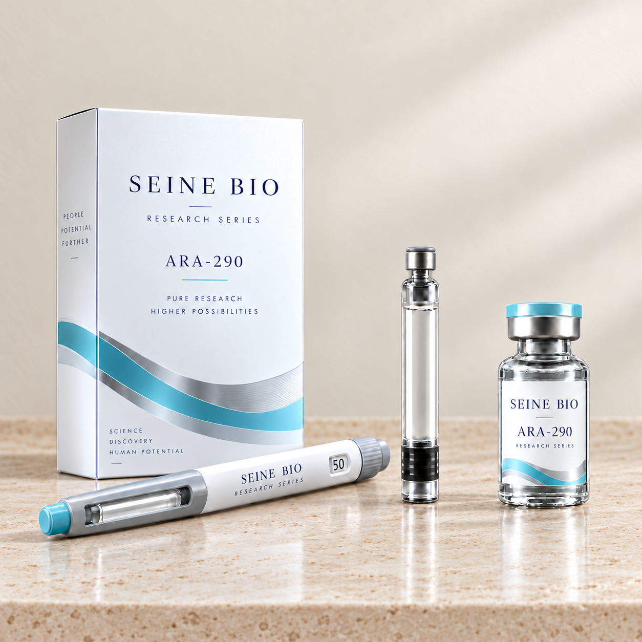 SEINE BIO ARA-290 product packaging concept showing disposable injection pen, cartridge and vial; sold individually.
