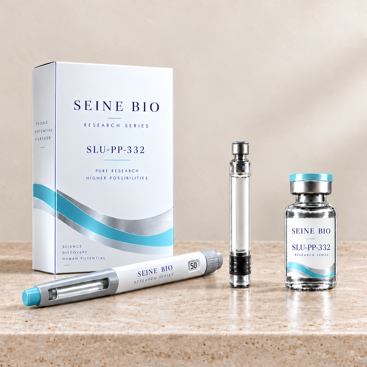 SEINE BIO SLU-PP-332 product packaging concept showing disposable injection pen, cartridge and vial; sold individually.