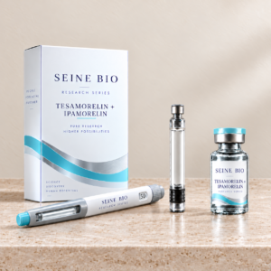 SEINE BIO Tesamorelin + Ipamorelin product packaging concept showing disposable injection pen, cartridge and vial; sold individually.