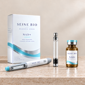 SEINE BIO NAD+ packaging concept showing a transparent amber-glass vial with clear solution, pen marked 50 and cartridge; sold individually.