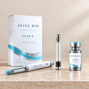 SEINE BIO Snap-8 product packaging concept showing disposable injection pen, cartridge and vial; sold individually.
