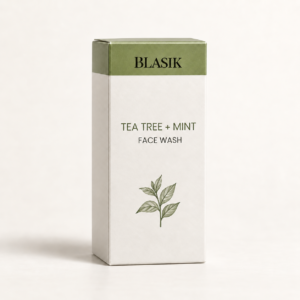 Blasik Tea Tree + Mint Face Wash carton on an ivory background