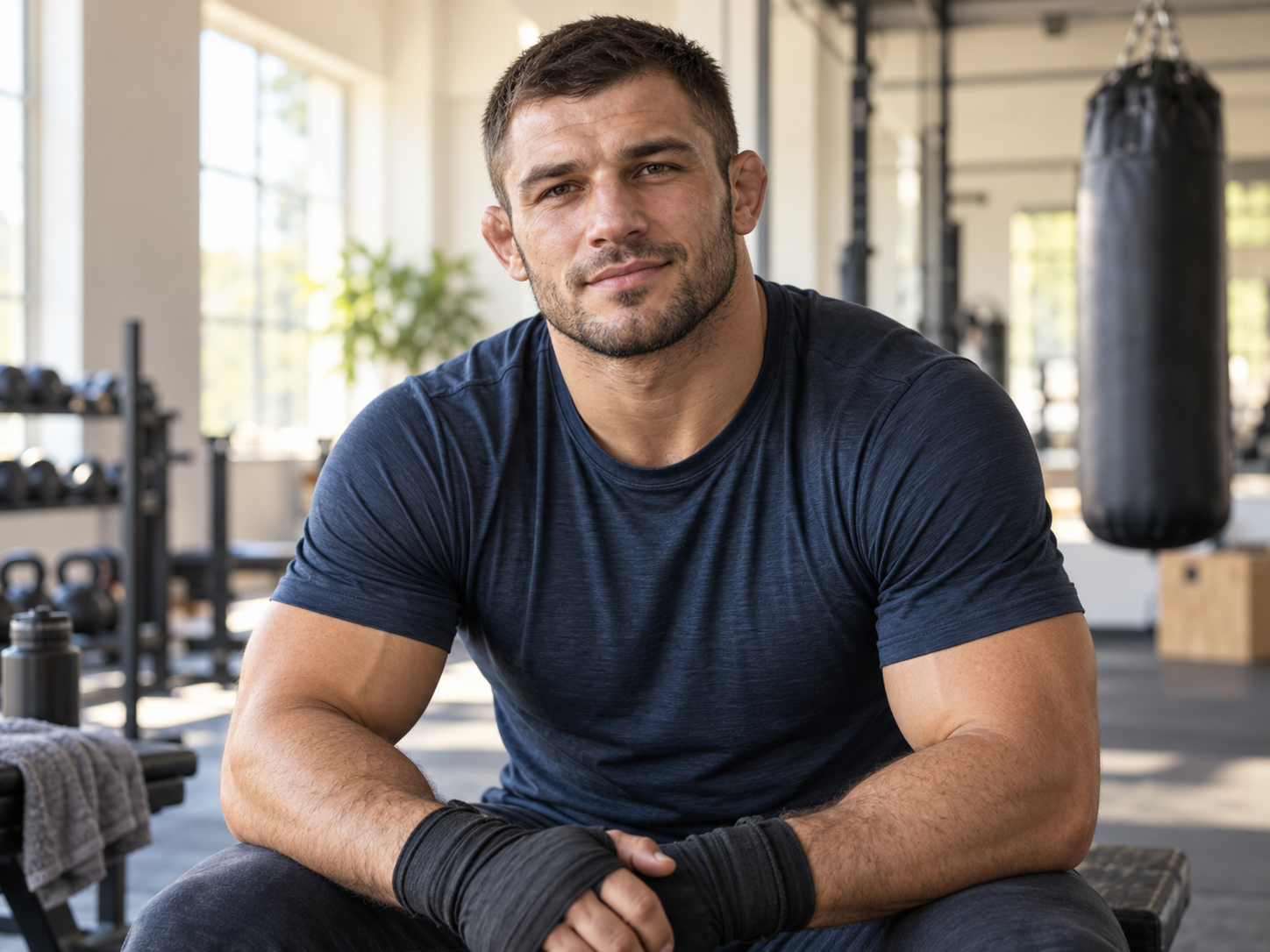 An adult MMA athlete taking a training break in a bright gym