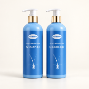 Ekber Blue Copper Peptide Shampoo & Conditioner Bundle product packaging on an ivory background