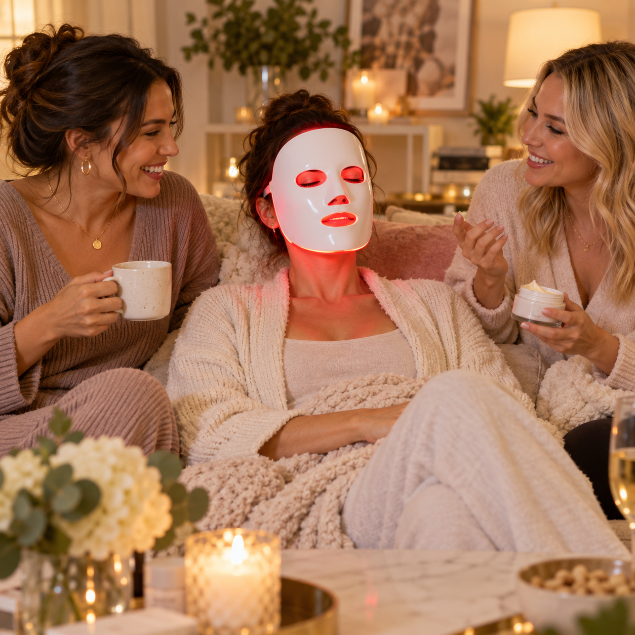 Friends sharing a red LED mask demonstration at a home gathering