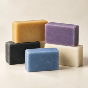 Blue, purple, gold, black and white handmade soap bars on a warm ivory background
