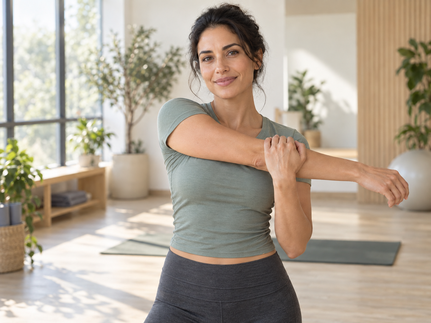 An adult woman stretching in a sunlit yoga studio in a fitted sage cropped T-shirt