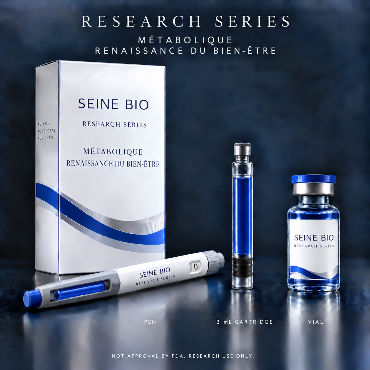 Nacre-3 Research Series packaging in dark-blue with carton, pen, 3 mL cartridge and vial