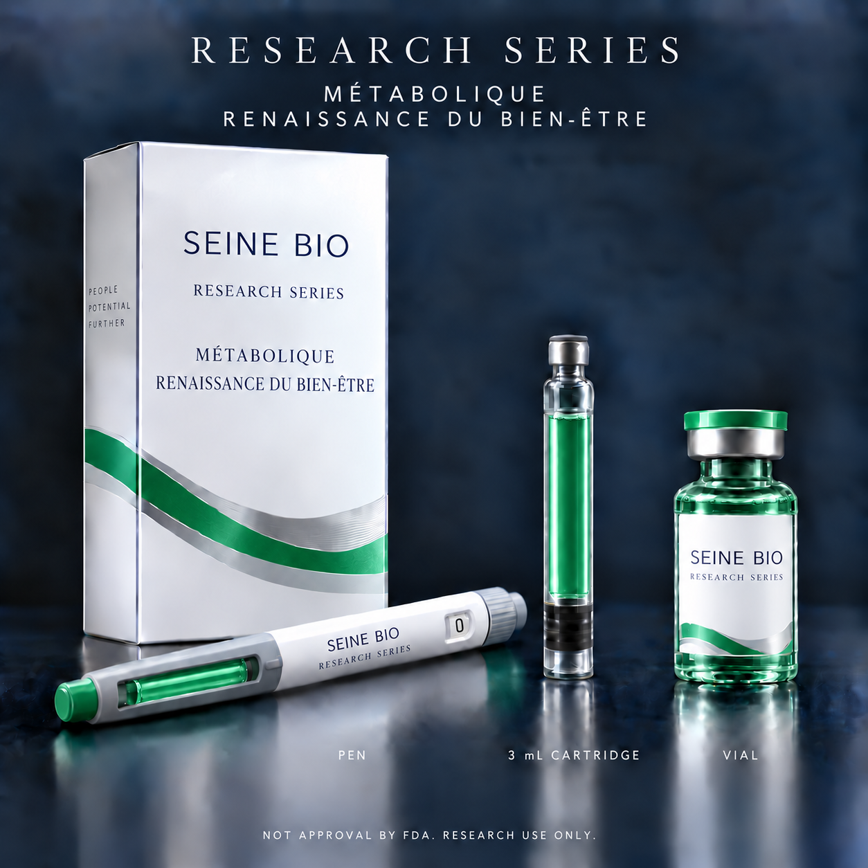 Meridian-5 Research Series packaging in green with carton, pen, 3 mL cartridge and vial