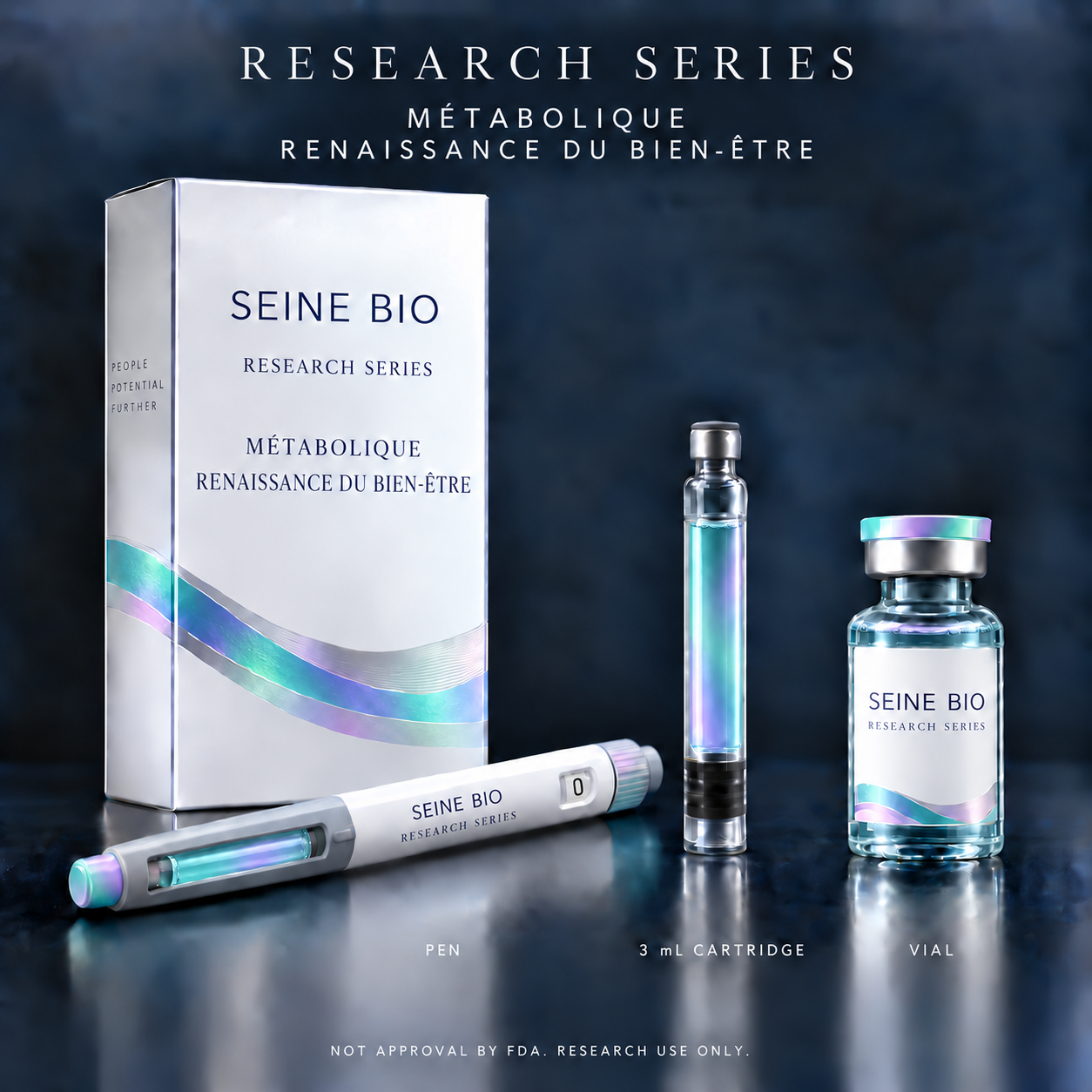 Palisade-8 Research Series packaging in mermaid with carton, pen, 3 mL cartridge and vial