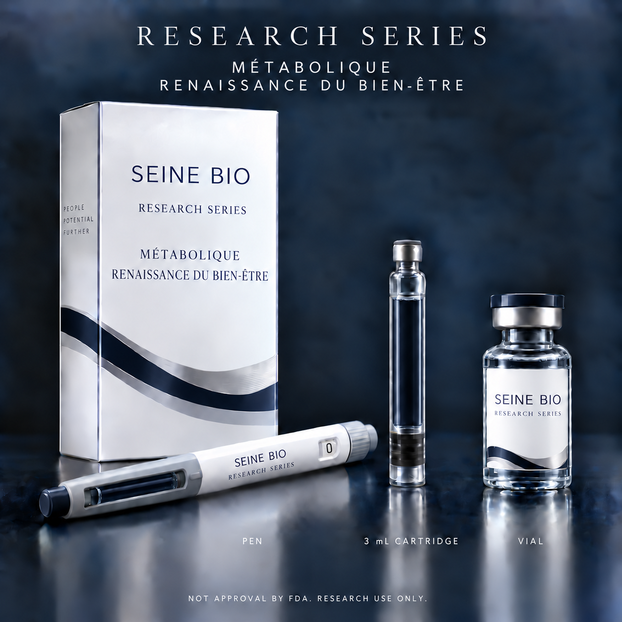 Vanta-11 Research Series packaging in midnight-black with carton, pen, 3 mL cartridge and vial