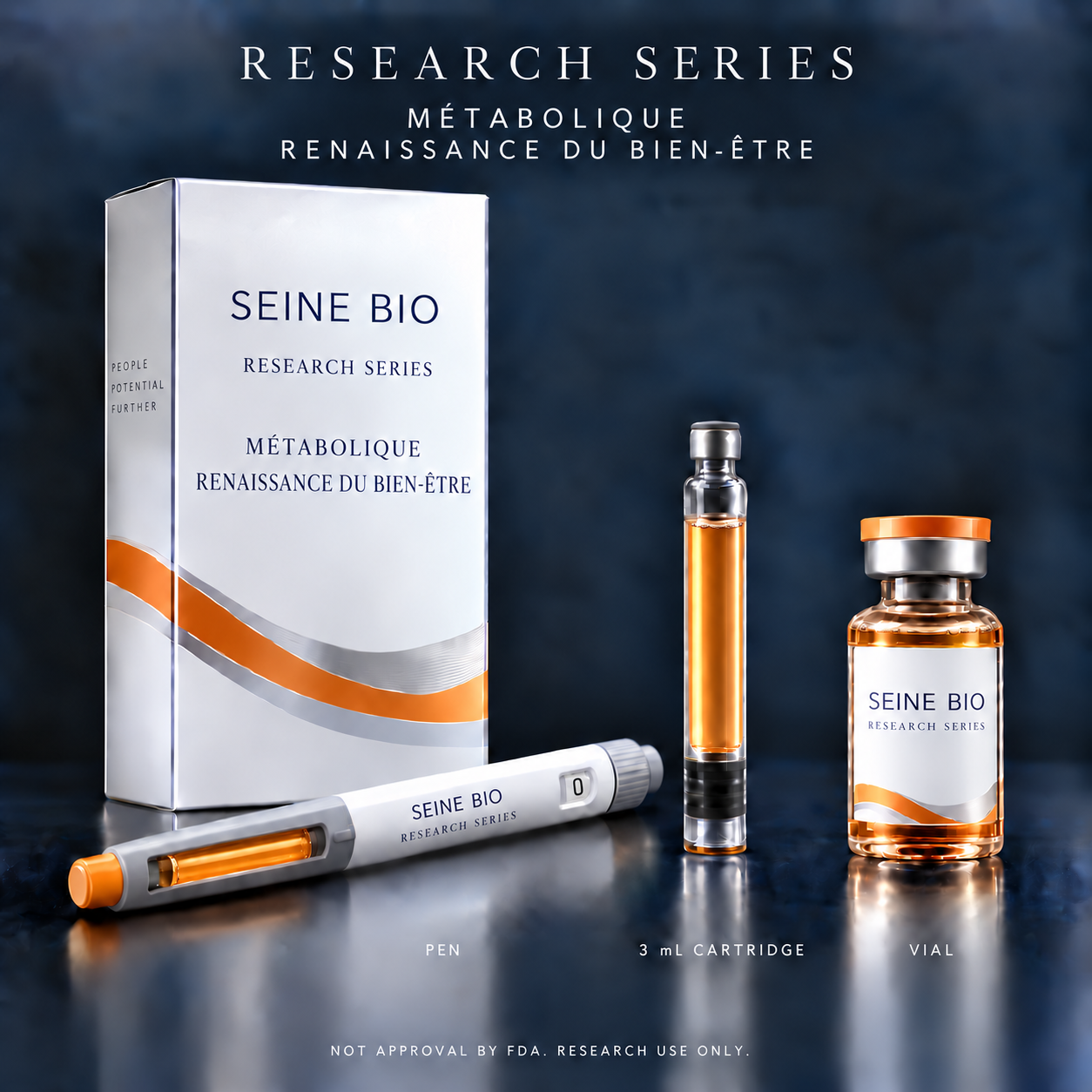 Sable-22 Research Series packaging in orange with carton, pen, 3 mL cartridge and vial