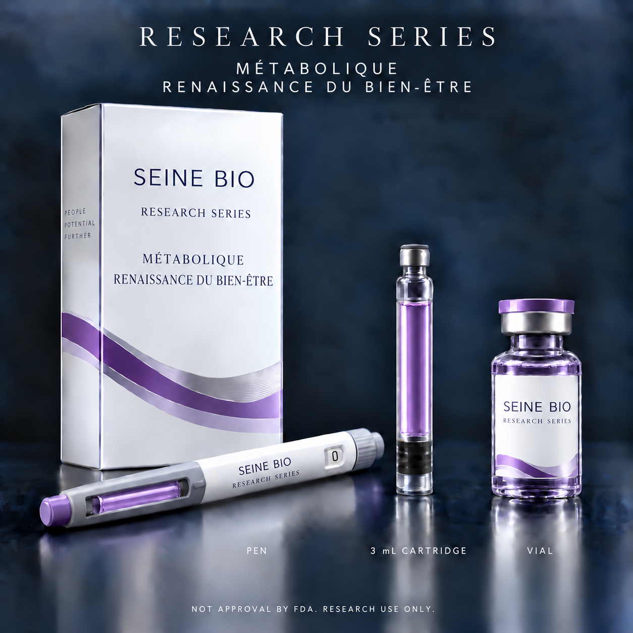 Orison-15 Research Series packaging in purple with carton, pen, 3 mL cartridge and vial