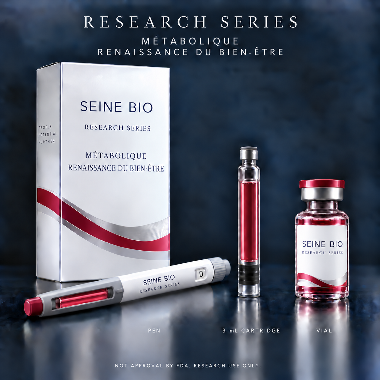 Vesper-18 Research Series packaging in red with carton, pen, 3 mL cartridge and vial