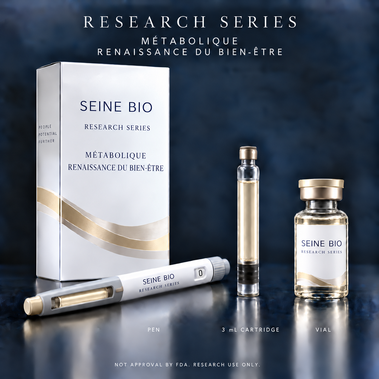 Halcyon-7 Research Series packaging in white-gold-diamond with carton, pen, 3 mL cartridge and vial