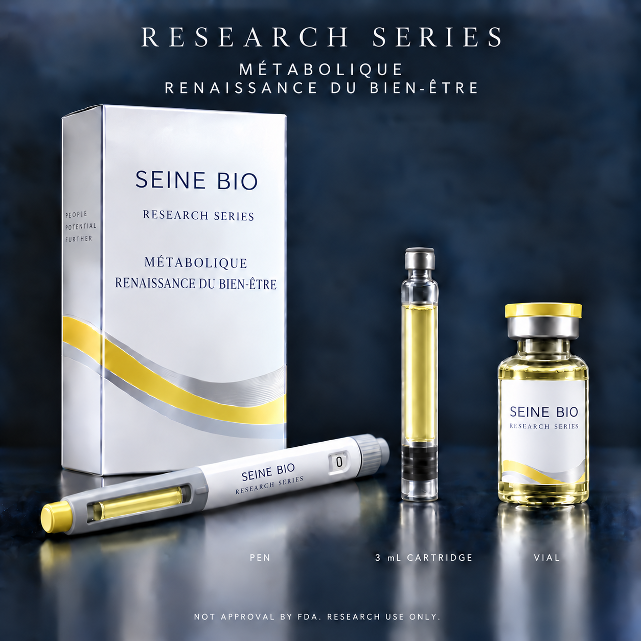Kairo-6 Research Series packaging in yellow with carton, pen, 3 mL cartridge and vial